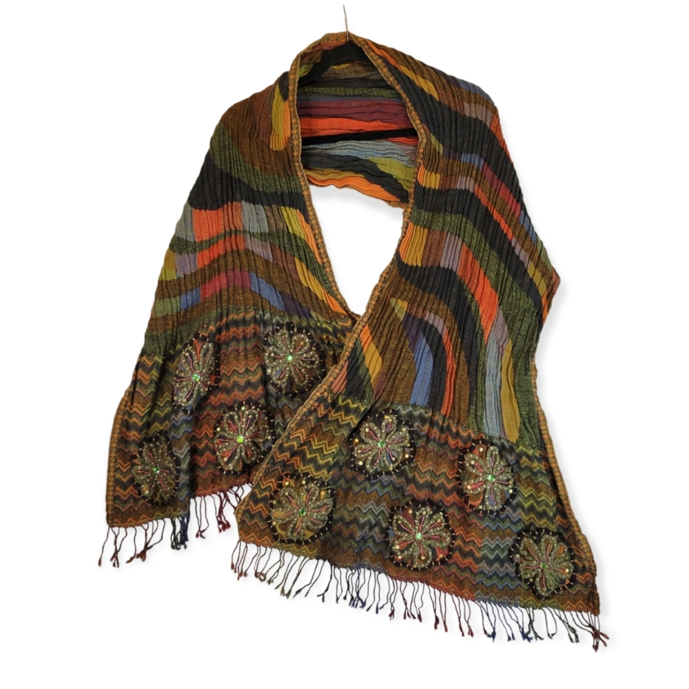 Tolani 100% Wool Multicolored Boho Scarf Wool Flowers with Sequins